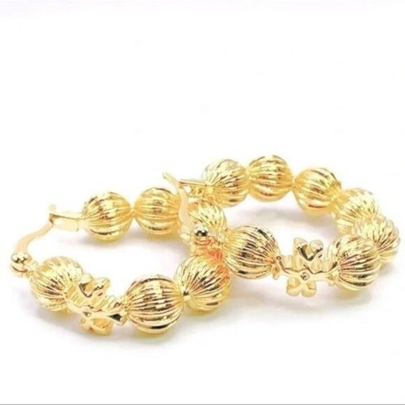 NWOT Tory Burch Gold Roxanne Fluted Bead Hoop Earrings - Picture 2 of 7
